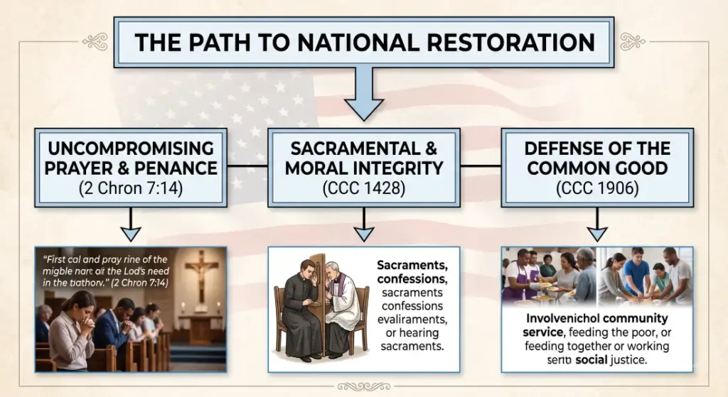 Flowchart illustrating the Path to National Restoration through Prayer and Penance (2 Chron 7:14), Sacramental Integrity (CCC 1428), and Common Good (CCC 1906) for America's 250th Anniversary.