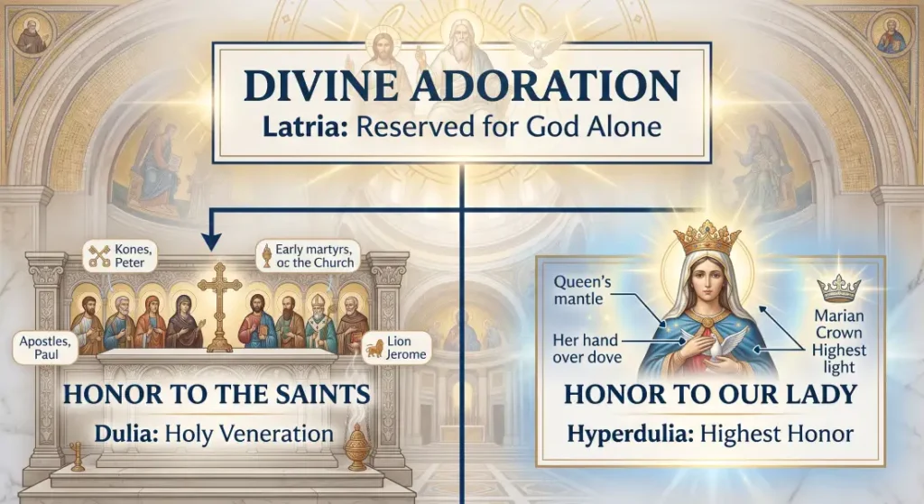 Theological diagram illustrating the Catholic levels of honor: Latria for God alone, Dulia for the saints, and Hyperdulia for the Blessed Virgin Mary.