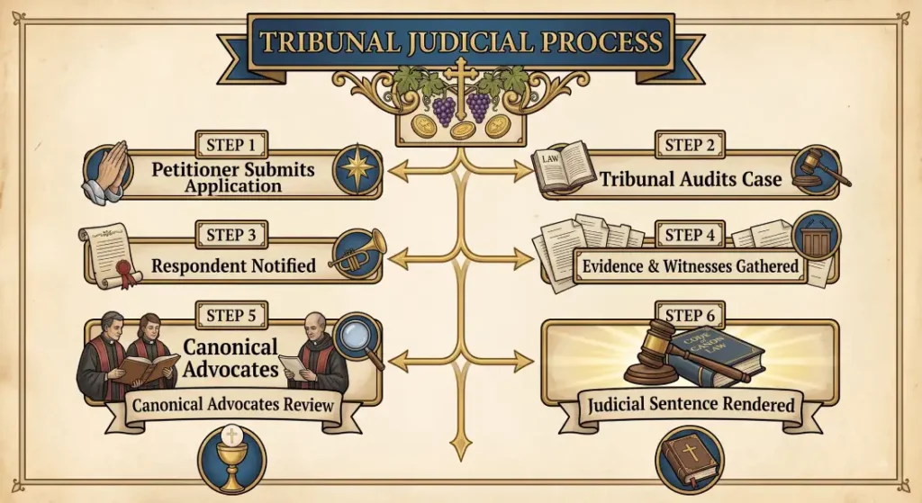 Step-by-step flowchart titled Tribunal Judicial Process illustrating the 6 stages of a Catholic annulment: 1. Petitioner Submits Application, 2. Tribunal Audits Case, 3. Respondent Notified, 4. Evidence & Witnesses Gathered, 5. Canonical Advocates Review, and 6. Judicial Sentence Rendered.