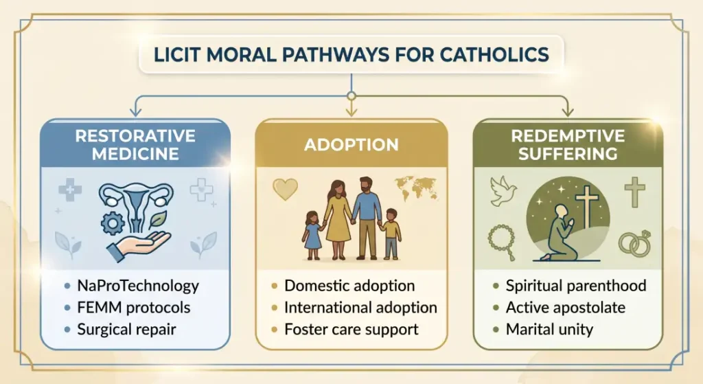 Infographic detailing three licit moral pathways for Catholic couples facing infertility: restorative medicine like NaProTechnology, domestic and international adoption, and redemptive suffering.