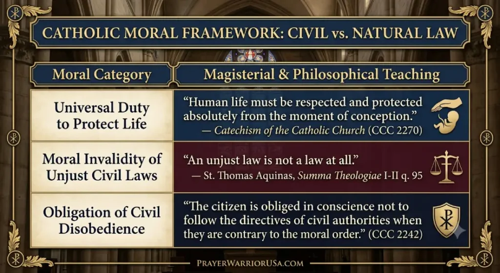 Catholic moral framework infographic contrasting civil vs natural law with quotes from CCC 2270, St. Thomas Aquinas, and CCC 2242.