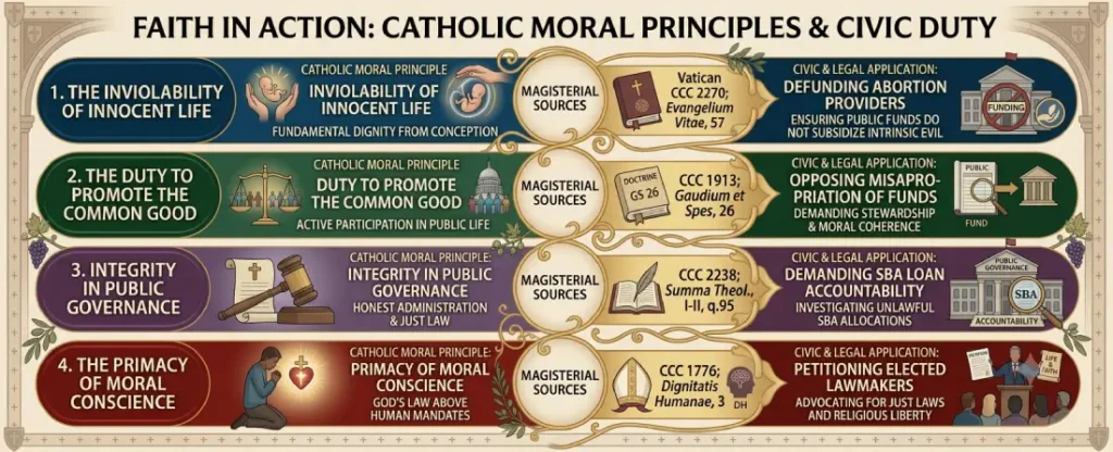 Infographic chart outlining Catholic moral principles, Magisterial sources like CCC 2270 and Evangelium Vitae, and civic applications for defunding Planned Parenthood.