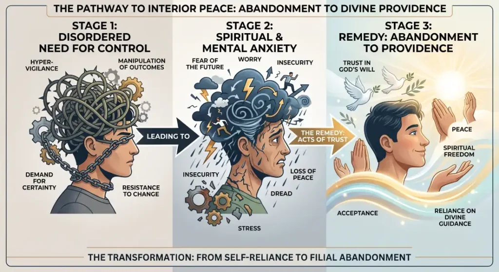Infographic showing a man moving from a disordered need for control through anxiety to peace in Divine Providence.