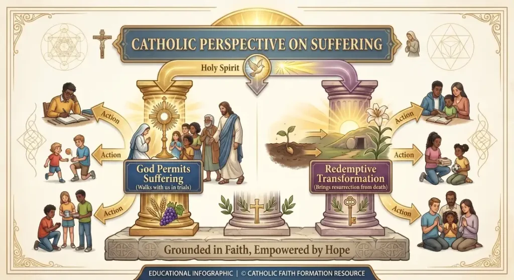 Educational diagram illustrating the Catholic perspective on suffering, showing how God permits suffering to walk with us and brings redemptive transformation.