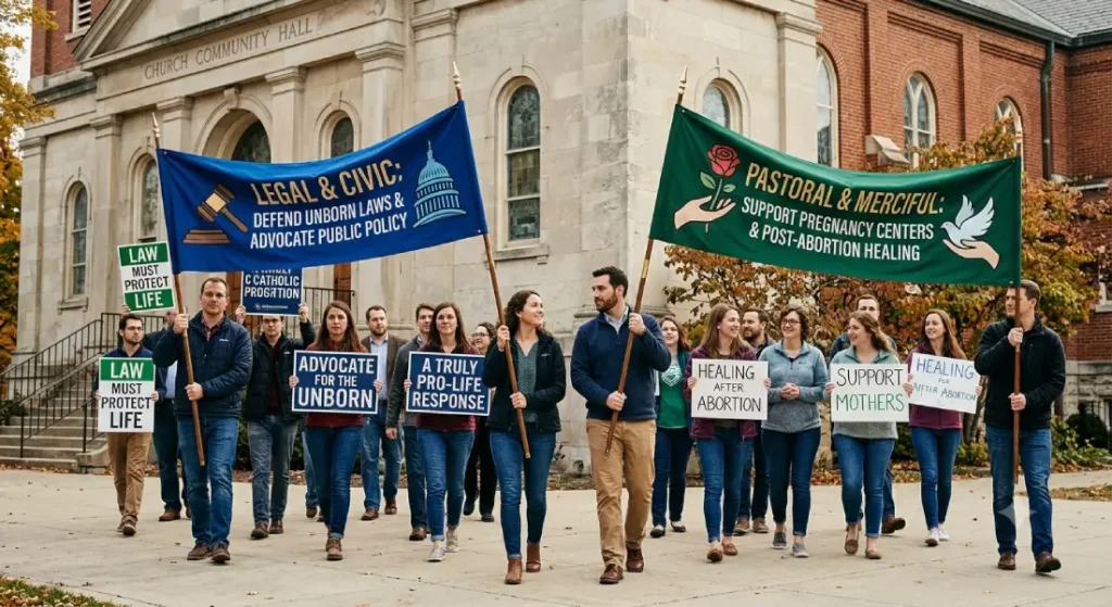 Editorial photograph visualizing the two pillars of a Catholic pro-life response: legal/civic defense of unborn laws and pastoral/merciful support for pregnancy centers and healing.