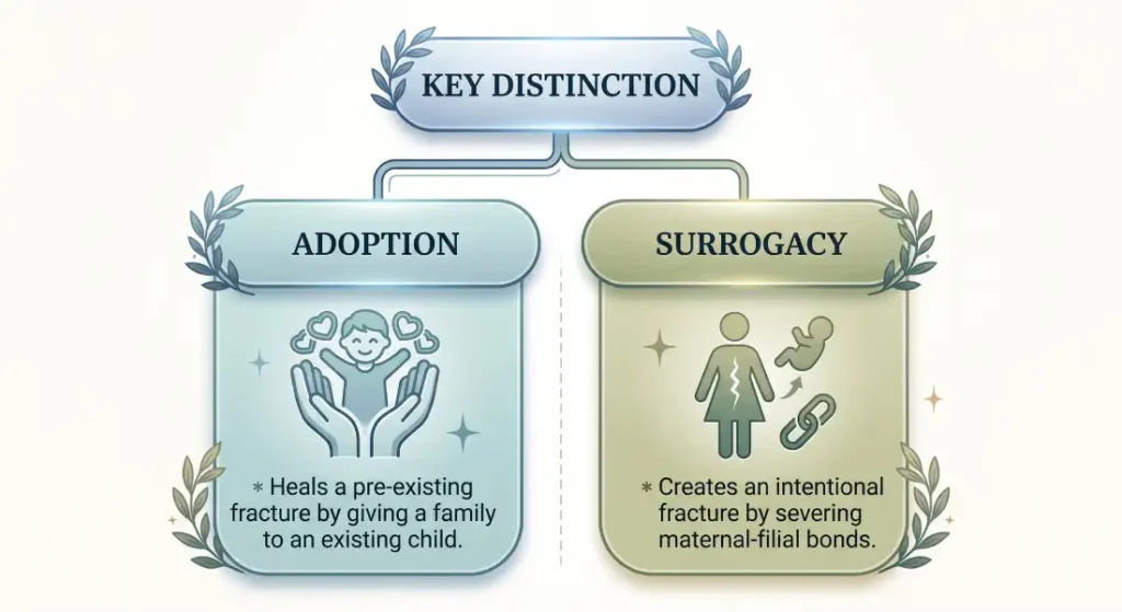 Diagram illustrating Catholic teaching on the key distinction: Adoption heals fractures, while Surrogacy creates intentional maternal-filial fractures.