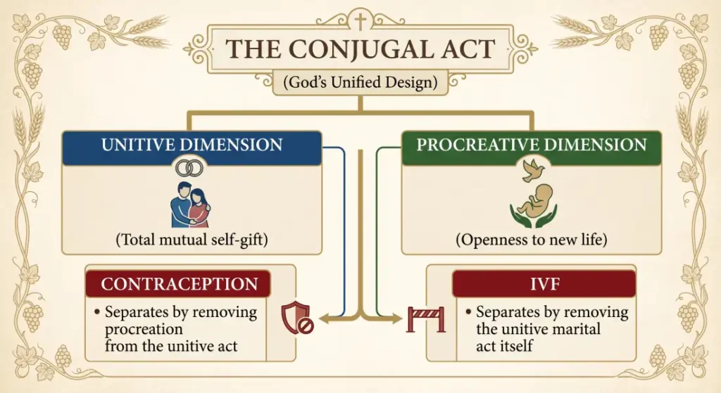 Infographic illustrating Catholic moral theology on the conjugal act, comparing how contraception separates procreation from union and IVF separates the marital embrace from conception.