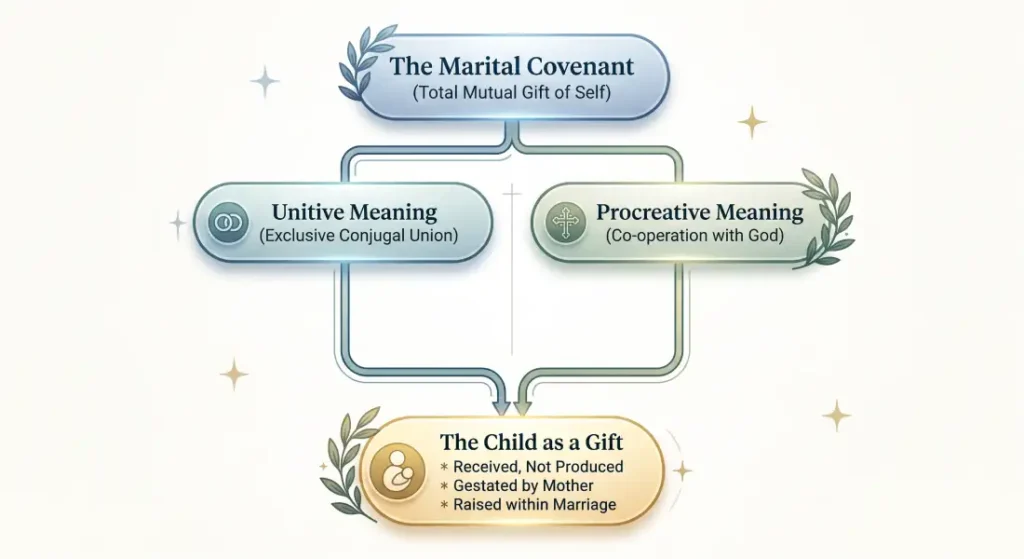 Diagram explaining Catholic teaching on the marital covenant, unitive and procreative meanings, and the child as a divine gift.