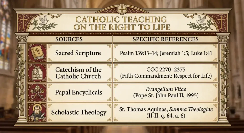 Infographic detailing Catholic teaching on the right to life, referencing Sacred Scripture, Catechism of the Catholic Church CCC 2270-2275, Papal Encyclical Evangelium Vitae, and St. Thomas Aquinas Summa Theologiae.