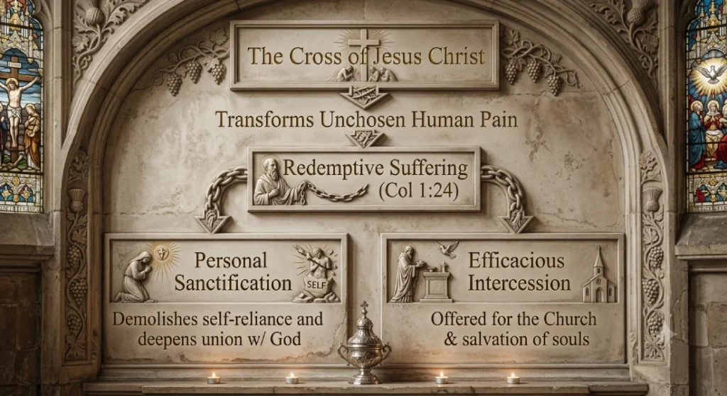 Stone relief flowchart depicting how the Cross of Jesus Christ transforms human pain into redemptive suffering for personal sanctification and intercession.