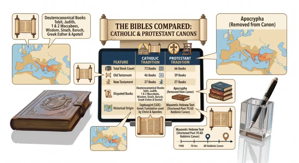 An infographic titled 'The Bibles Compared: Catholic & Protestant Canons,' showing a chart that compares book counts (73 vs 66), the Old and New Testaments, Deuterocanonical books, and historical origins using the Septuagint and Masoretic texts.