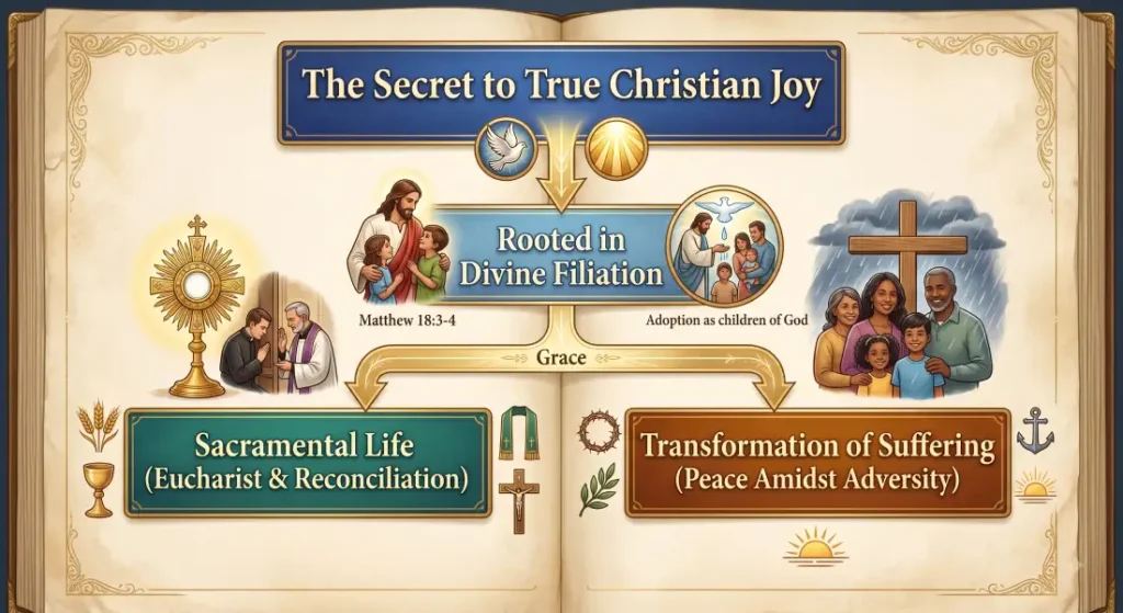 Diagram illustrating the secret to true Christian joy rooted in Divine Filiation and sustained by Sacramental Life and Transformation of Suffering.