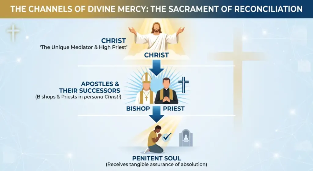 Flowchart showing how God forgives sins through Christ, who delegates authority to bishops and priests in persona Christi, reaching the kneeling penitent soul.