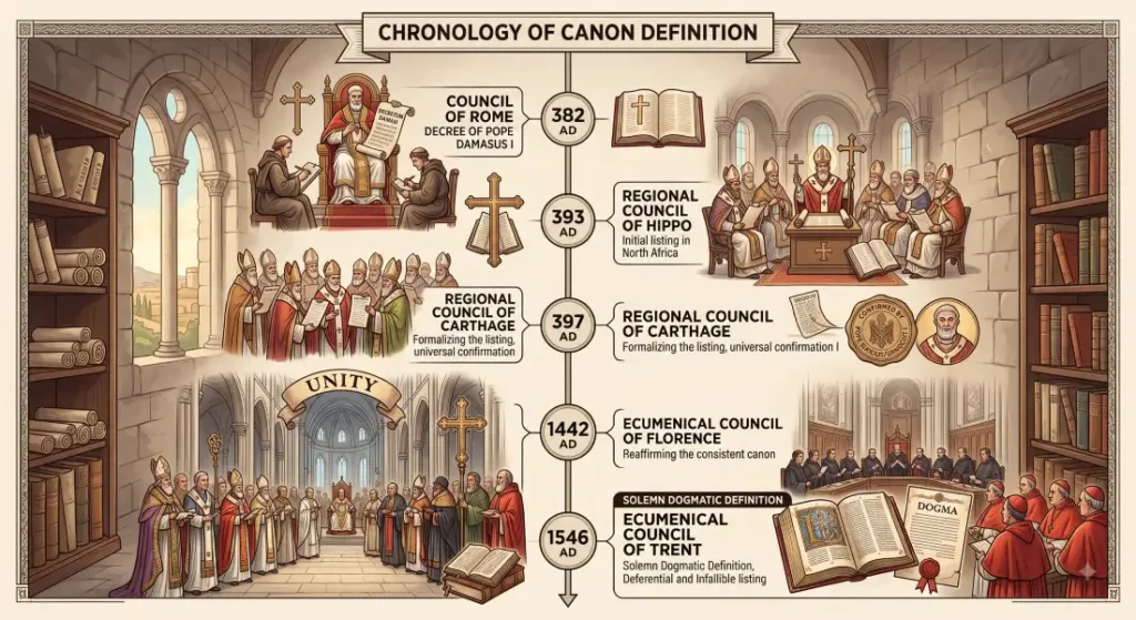 Illustrated timeline chart showing the chronology of Bible canon definition, highlighting key historical milestones: Council of Rome (382 AD), Council of Hippo (393 AD), Council of Carthage (397 AD), Council of Florence (1442 AD), and Council of Trent (1546 AD).
