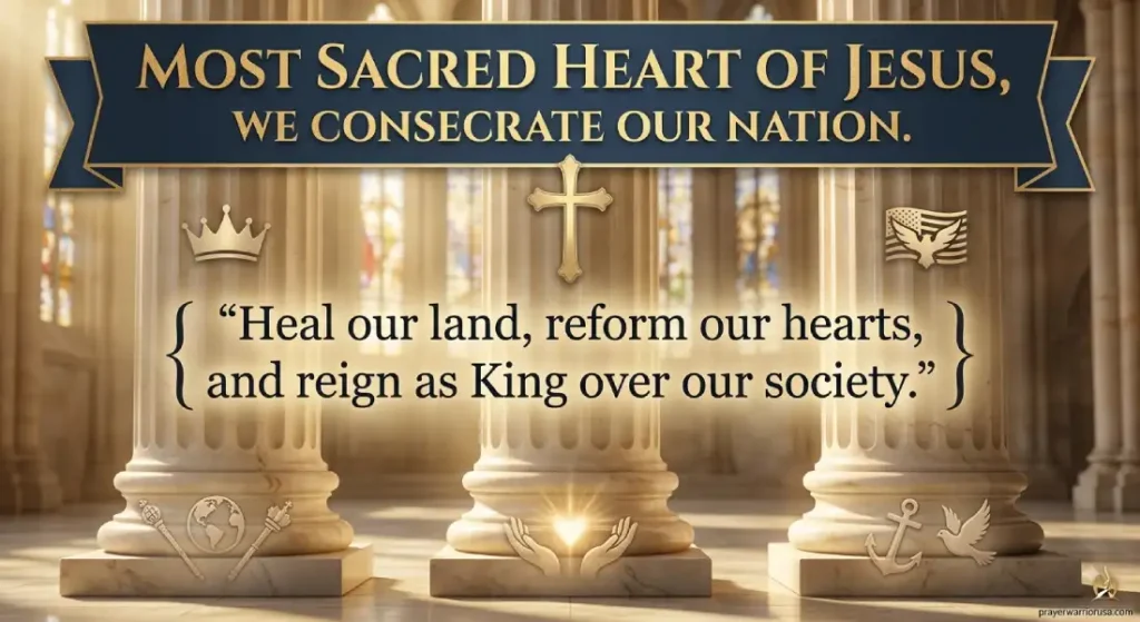 Graphic featuring the prayer: Most Sacred Heart of Jesus, We Consecrate Our Nation. Heal our land, reform our hearts, and reign as King over our society.