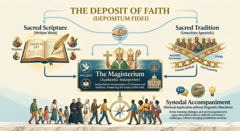 Educational diagram of the Catholic Deposit of Faith showing Sacred Scripture and Sacred Tradition flowing into the Magisterium, leading to Synodal Accompaniment.
