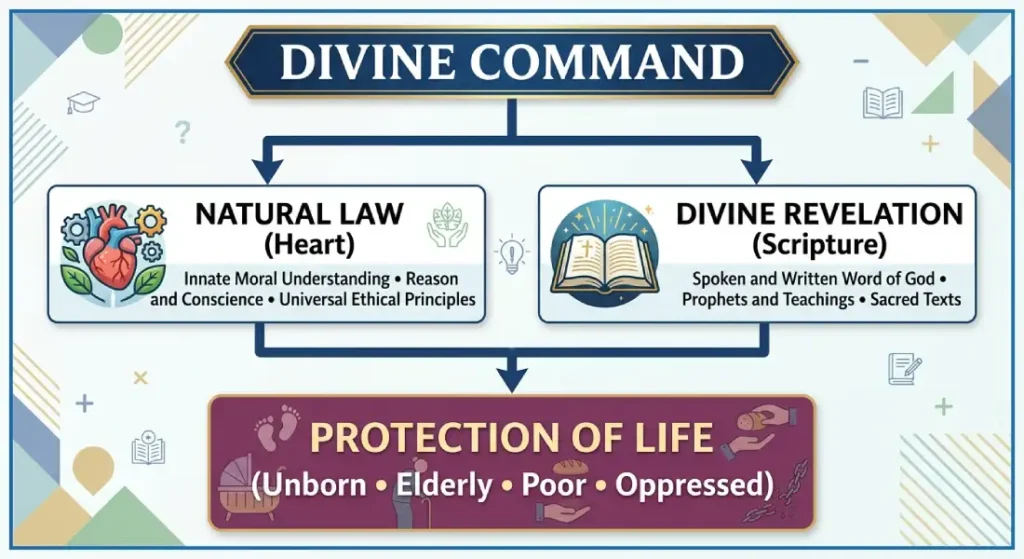 Divine Command flowchart showing Natural Law and Divine Revelation pointing to Protection of Life