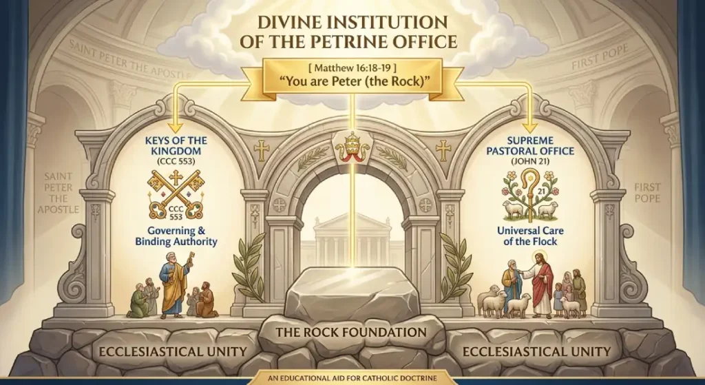 Diagram illustrating the Divine Institution of the Petrine Office showing Matthew 16:18-19, the Keys of the Kingdom, and the Supreme Pastoral Office of Saint Peter.