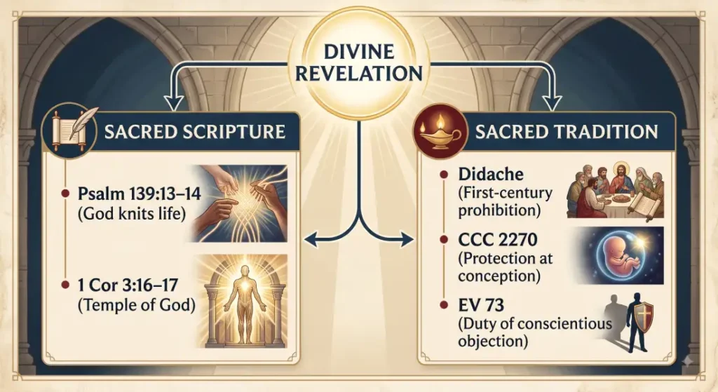 Flowchart illustrating Divine Revelation branching into Sacred Scripture (Psalm 139:13–14, 1 Cor 3:16–17) and Sacred Tradition (Didache, CCC 2270, Evangelium Vitae 73) on the sanctity of human life.