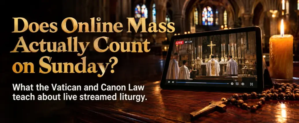 Tablet streaming Catholic Sunday Mass beside a rosary and candle in a cathedral with text asking if online Mass counts on Sunday according to the Vatican and Canon Law.