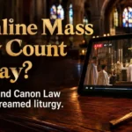Tablet streaming Catholic Sunday Mass beside a rosary and candle in a cathedral with text asking if online Mass counts on Sunday according to the Vatican and Canon Law.