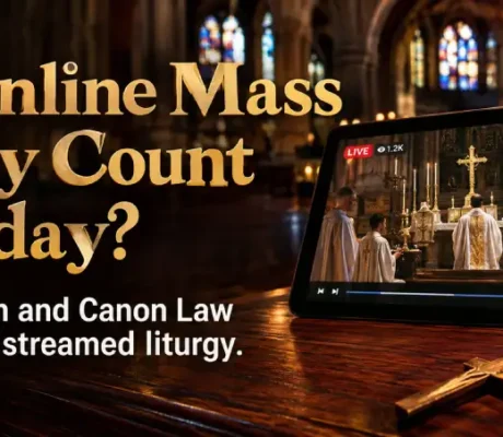 Tablet streaming Catholic Sunday Mass beside a rosary and candle in a cathedral with text asking if online Mass counts on Sunday according to the Vatican and Canon Law.