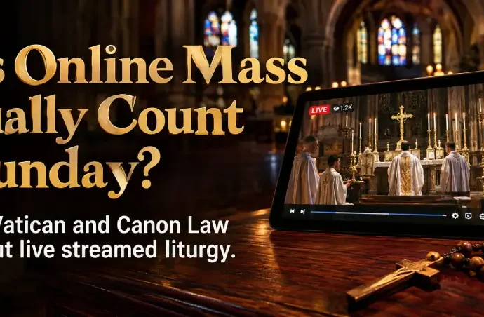 Tablet streaming Catholic Sunday Mass beside a rosary and candle in a cathedral with text asking if online Mass counts on Sunday according to the Vatican and Canon Law.