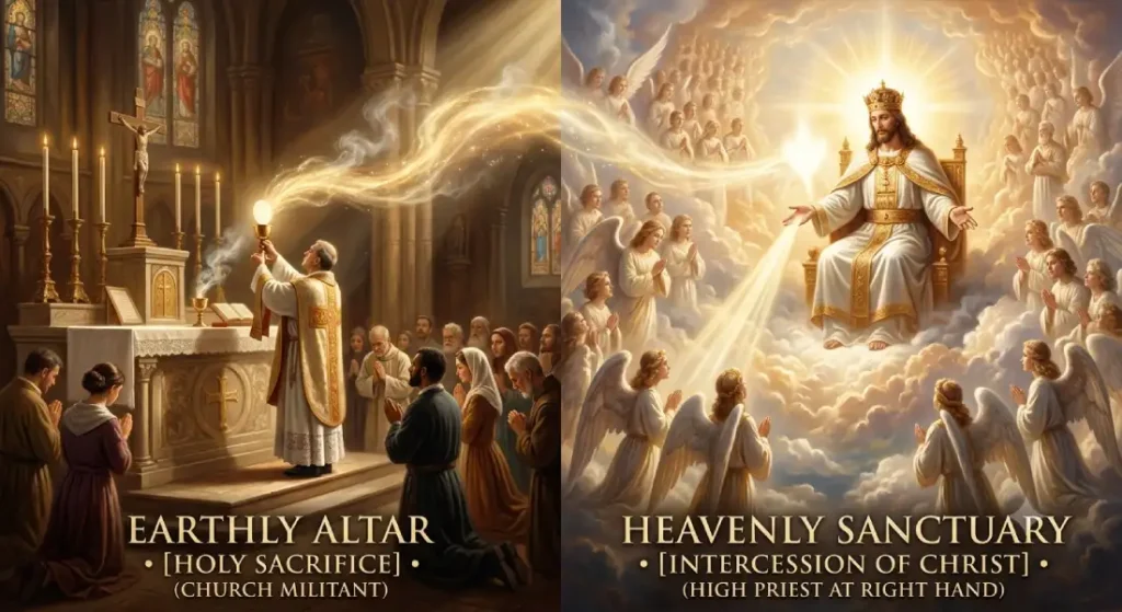Catholic diptych showing the Mass on an earthly altar connected to Jesus Christ interceding as High Priest in the heavenly sanctuary.