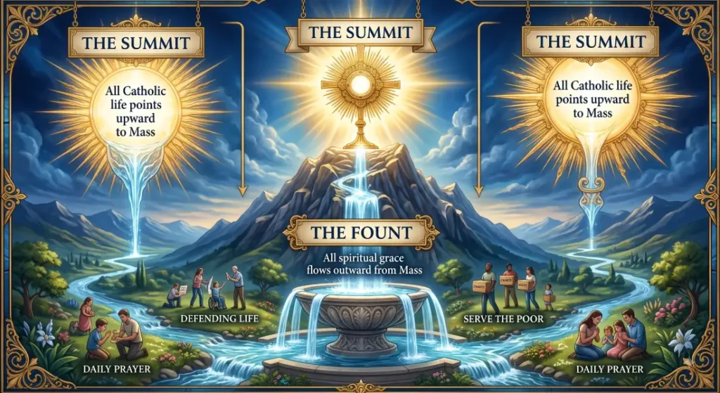 Infographic illustrating the Eucharist as the source and summit of Catholic life from Sacrosanctum Concilium, showing spiritual grace flowing from the Mass to daily prayer, defending life, and serving the poor.