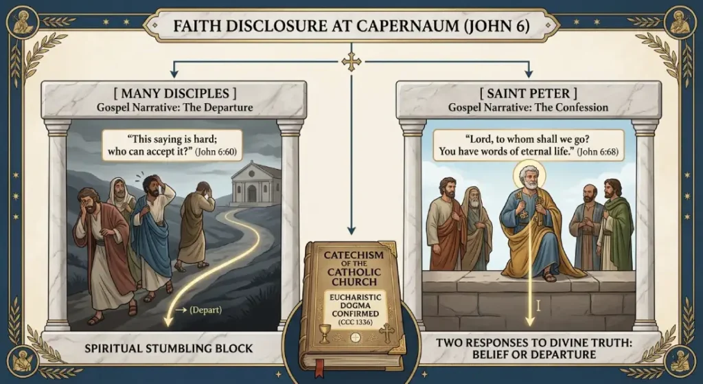 Comparison diagram of John 6 Eucharistic discourse contrasting departing disciples with Saint Peter's profession of faith in Christ's words of eternal life.