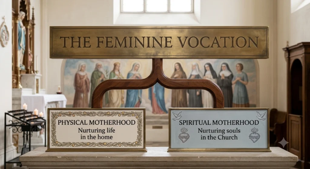 Diagram illustrating the feminine vocation in Catholic teaching: branching into physical motherhood (nurturing life in the home) and spiritual motherhood (nurturing souls in the Church), set against a background of saints.