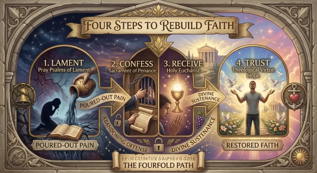 An educational 4-step diagram showing how to rebuild faith through 1. Lament (Pray Psalms of Lament), 2. Confess (Sacrament of Penance), 3. Receive (Holy Eucharist), and 4. Trust (Theological Virtue Hope).