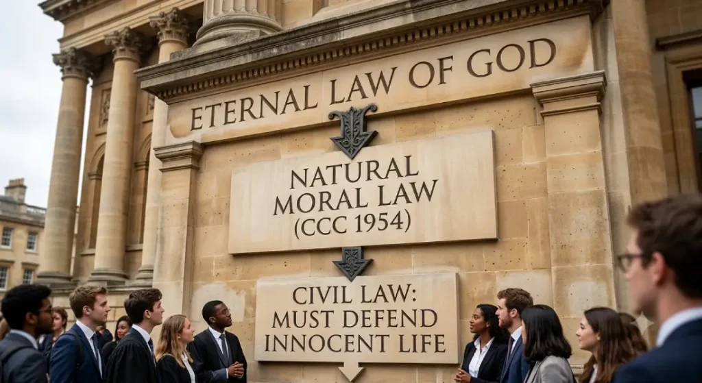 Stone facade editorial infographic depicting the hierarchy of law in Catholic theology, showing Eternal Law of God leading to Natural Moral Law CCC 1954 and Civil Law defending innocent life.