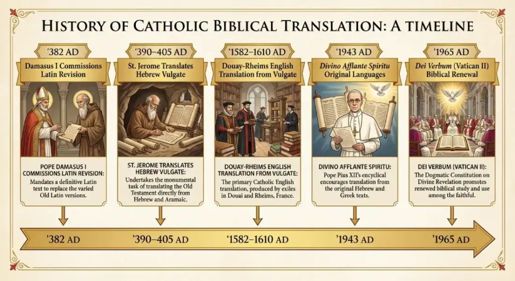 Timeline of Catholic Biblical translation from Pope Damasus I and St. Jerome to Dei Verbum