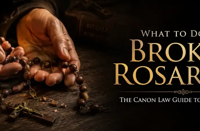 A broken wooden rosary and a frayed scapular resting on a dark wood table beside a glowing beeswax candle, illustrating how to dispose of blessed items.