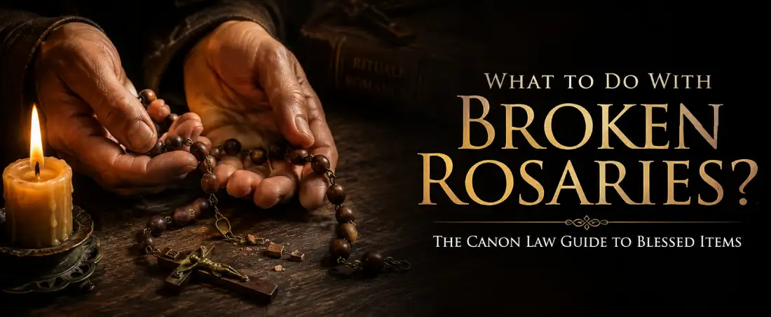 A broken wooden rosary and a frayed scapular resting on a dark wood table beside a glowing beeswax candle, illustrating how to dispose of blessed items.