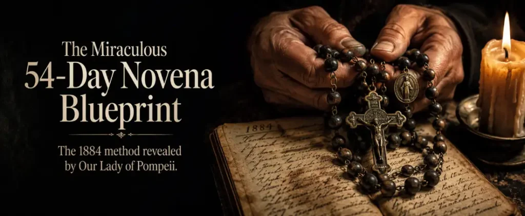 Hands holding a wooden combat rosary over an antique prayer journal, illustrating the guide on how to pray the 54 day rosary novena.