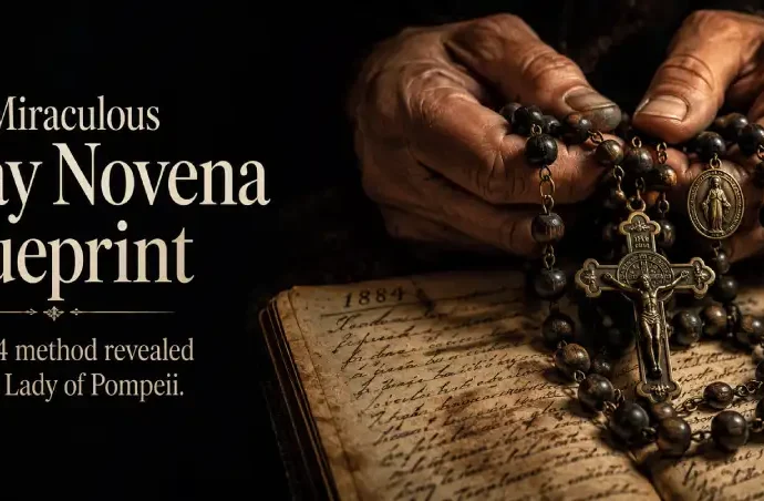 Hands holding a wooden combat rosary over an antique prayer journal, illustrating the guide on how to pray the 54 day rosary novena.