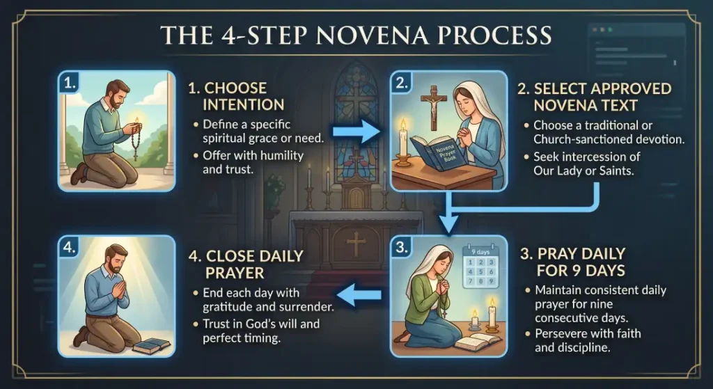 Infographic illustrating the 4-step Catholic novena process: Intention, Novena Text, 9-Day Prayer, and Daily Closing.