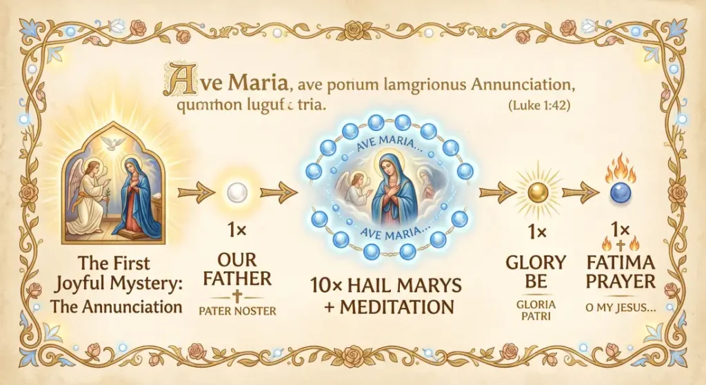 Step-by-step visual diagram illustrating how to pray a decade of the Catholic Rosary, from announcing the mystery to the Fatima Prayer.
