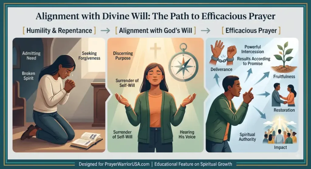 Infographic depicting the spiritual progression from humility and repentance to alignment with God's will and efficacious prayer.