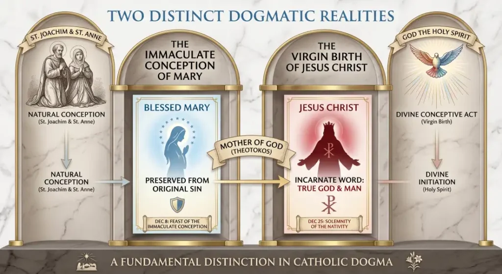 Comparison infographic detailing Catholic dogmas: Mary's Immaculate Conception versus Jesus Christ's miraculous Virgin Birth.