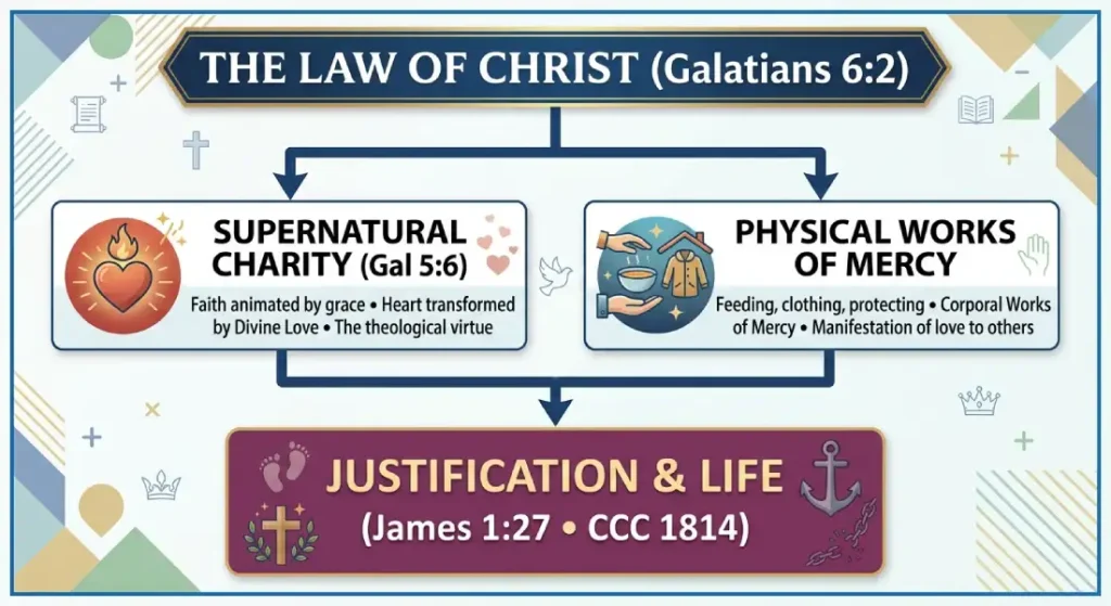 The Law of Christ flowchart showing Supernatural Charity and Physical Works of Mercy leading to Justification and Life