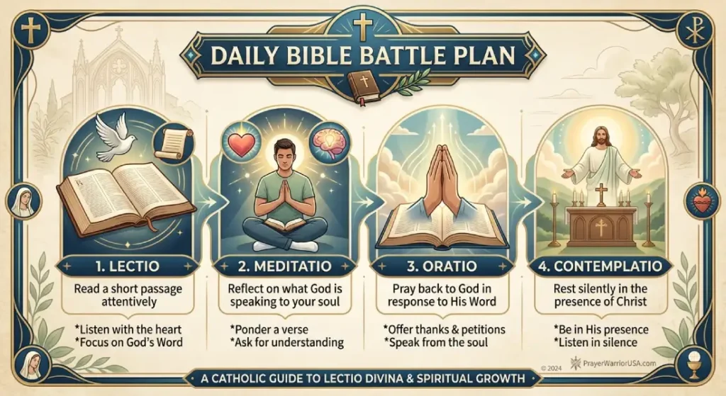 Daily Bible Battle Plan infographic showing the 4 steps of Lectio Divina: Lectio, Meditatio, Oratio, and Contemplatio