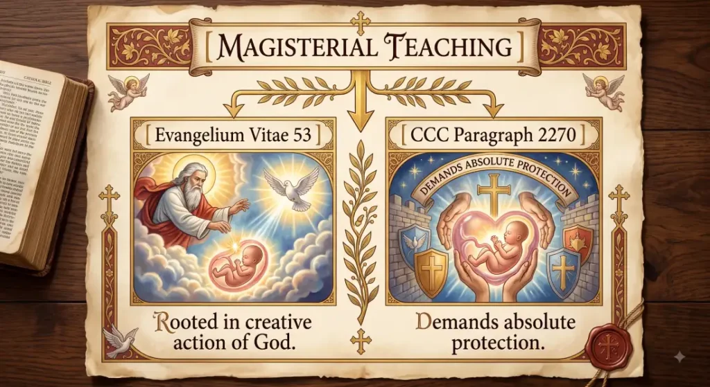 Illuminated Catholic chart detailing Magisterial Teaching: Evangelium Vitae 53 showing life is rooted in the creative action of God, and CCC Paragraph 2270 demanding absolute protection of human life.