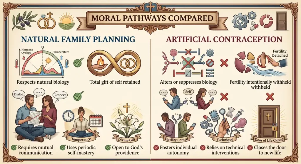 Comparison diagram showing the moral differences between Catholic Natural Family Planning and artificial contraception.