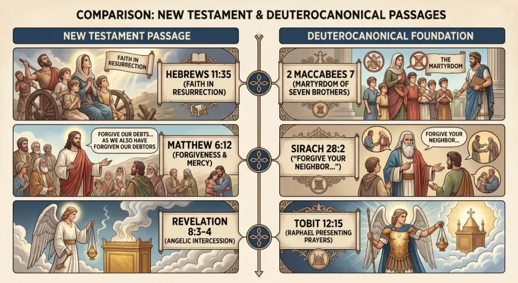 An educational graphic comparing New Testament verses to their Deuterocanonical foundations, highlighting Hebrews 11:35 and 2 Maccabees 7, Matthew 6:12 and Sirach 28:2, and Revelation 8:3-4 and Tobit 12:15.