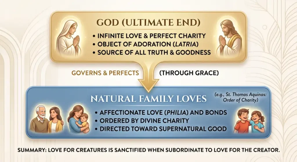 Educational Catholic theology infographic illustrating St. Thomas Aquinas's Order of Charity (Ordo Caritatis), showing God as the ultimate end governing natural family loves.