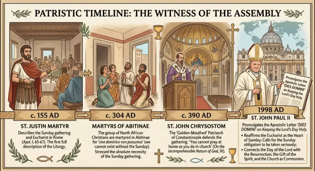 Educational timeline showing four key historical milestones of the Sunday Eucharist assembly: St. Justin Martyr (c. 155 AD), Martyrs of Abitinae (c. 304 AD), St. John Chrysostom (c. 390 AD), and Pope John Paul II's Dies Domini (1998 AD).