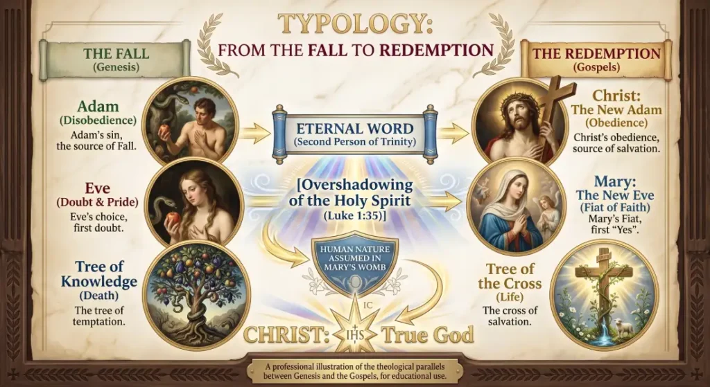 Catholic typology chart comparing Adam to Christ, Eve to Mary, and the Tree of Knowledge to the Tree of the Cross.